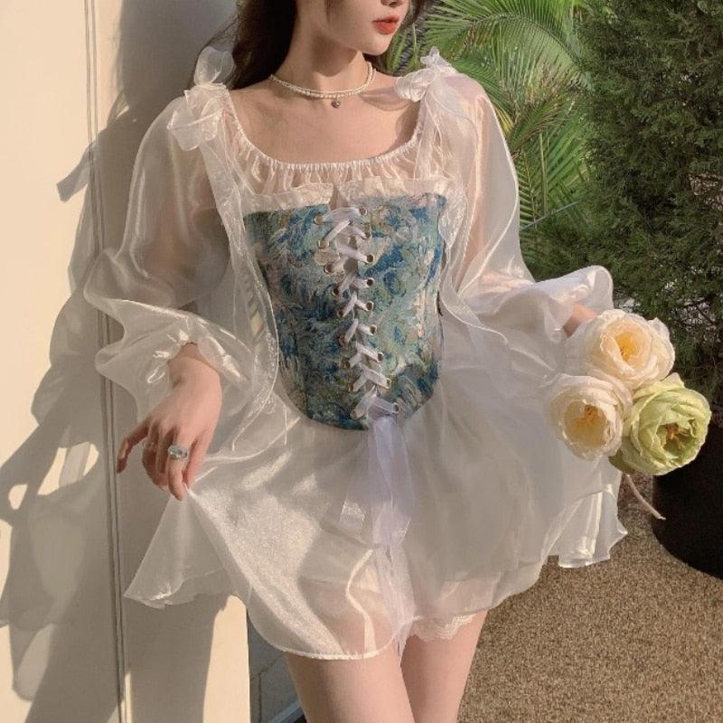 Natalia Bleu Fairycore Cottagecore Corset Top and Skirt Bottom Dress Set - Starlight Fair