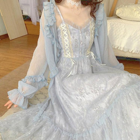 Tiara of Pure Icicles Fairycore Cottagecore Princesscore Dress and Cardigan Top Set - Starlight Fair