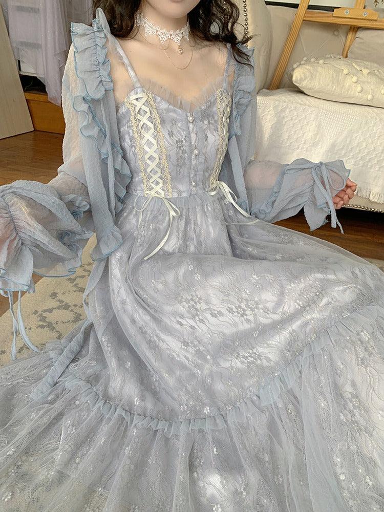 Tiara of Pure Icicles Fairycore Cottagecore Princesscore Dress and Cardigan Top Set - Starlight Fair