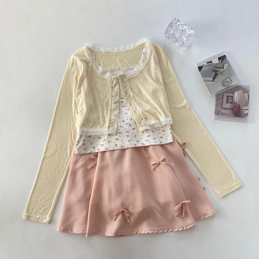 Sunny Spring Sakura Viewing Fairycore Cottagecore Princesscore Cardigan Top and Skirt Bottoms Set - Starlight Fair